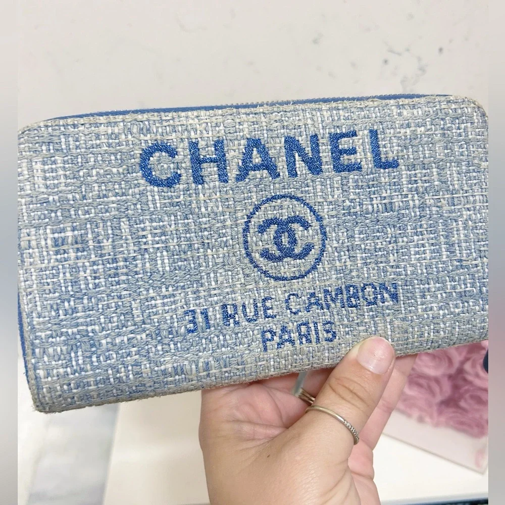 Authentic Chanel Light Blue Deauville Tweed Continental Wallet / Clutch